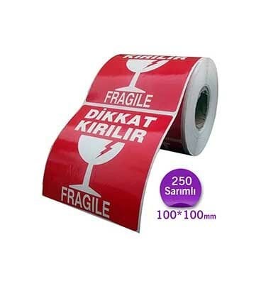 Dikkat Kırılır Etiketi 100x100 mm (10cmx10cm) 250 Adet 1 Rulo (Uyarı Etiketidir)