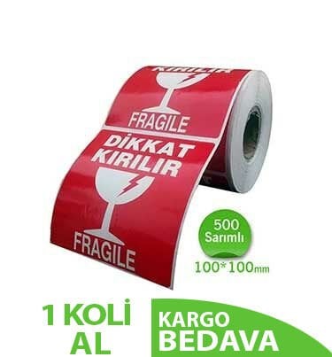 Dikkat Kırılır Etiketi 100x100 mm (10cmx10cm) 1 Rulo 500 Adet (Uyarı Etiketidir)