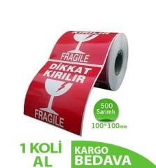 Dikkat Kırılır Etiketi 100x100 mm (10cmx10cm) 1 Rulo 500 Adet (Uyarı Etiketidir)